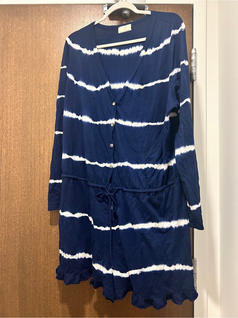 ANTHROPOLOGIE T.LA NAVY BLUE LONG SLEEVE JILL RUFFLED LOUNGE JUMPER ROMPER